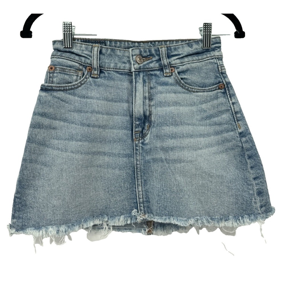 American Eagle Blue Denim Y2K A-Line 90s high rise Mini Skirt Raw Hem 000 preppy